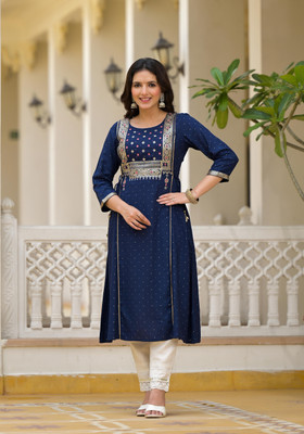 Juniper Women Embroidered A-line Kurta(Blue)