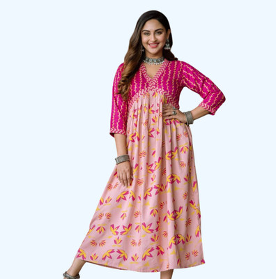 Jinendram Women Printed Flared Kurta(Pink)