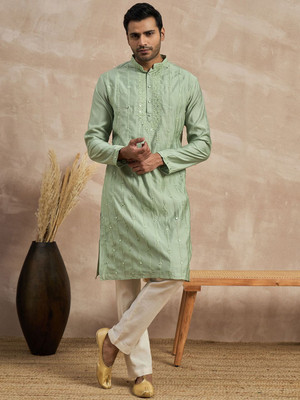 ANOUK Men Self Design Straight Kurta(Light Green)