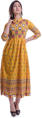 HouseOfCommon Women Embroidered Flared Kurta(Yellow)