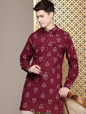 House of Pataudi Men Floral Print Straight Kurta(Maroon)