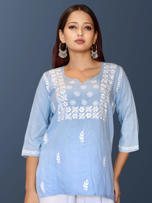 INDICRAFT Women Self Design Straight Kurta(Light Blue)
