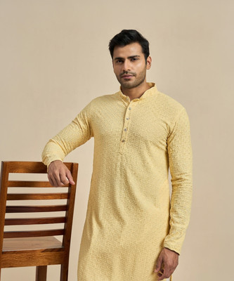 ANOUK Men Floral Print Straight Kurta(Yellow)