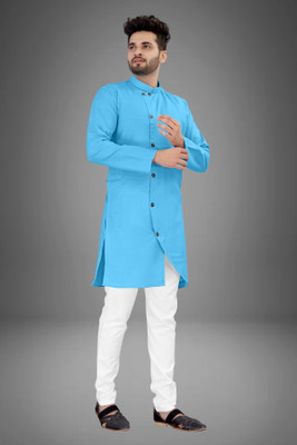Shree Dutt Creation Men Solid Asymmetric Kurta(Light Blue)