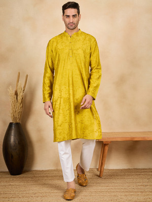 House of Pataudi Men Embroidered Straight Kurta(Yellow)