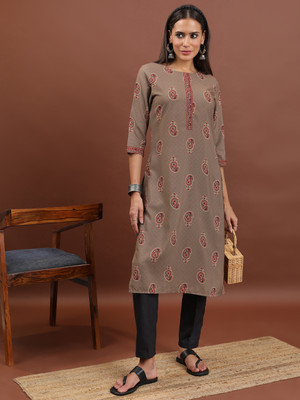 Vishudh Women Geometric Print Asymmetric Kurta(Brown, Maroon, Beige)