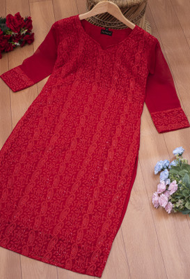 Felopie Women Chikan Embroidery Straight Kurta(Red)