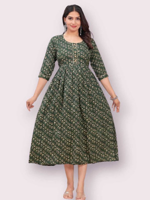 HOUSE OFF COMMON Women Printed Anarkali Kurta(Green)