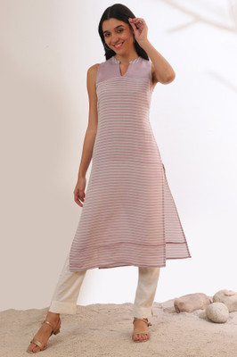 Aurelia Women Striped Straight Kurta(Purple)