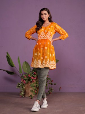 Sangria Women Embroidered Flared Kurta(Orange)