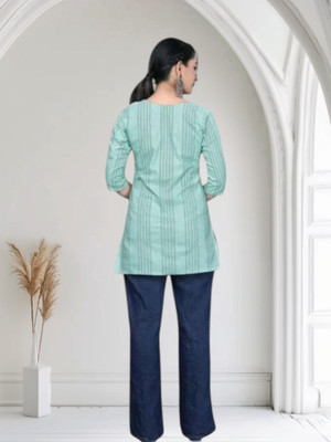 U Creationj Women Striped Trail Cut Kurta(Light Blue)