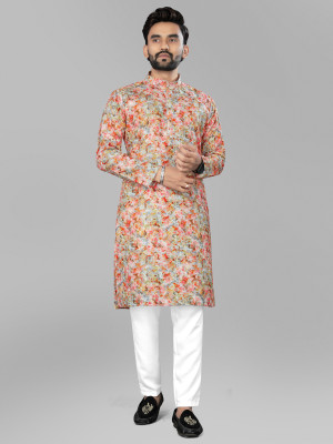 NobleStitch Men Floral Print Straight Kurta(Pink)