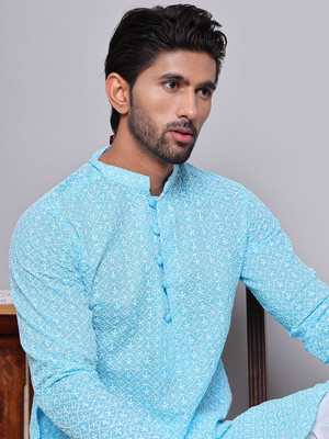 Jompers Men Embroidered Straight Kurta(Light Blue)