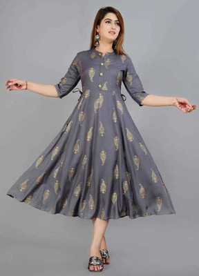 HouseOfCommon Women Printed A-line Kurta(Grey)