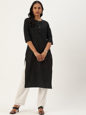 Saanjh Women Self Design Straight Kurta(Black)