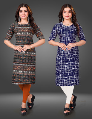MOBHISA Women Printed Straight Kurta(Blue)