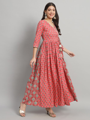Gujari Women Printed Anarkali Kurta(Grey, Pink, White)