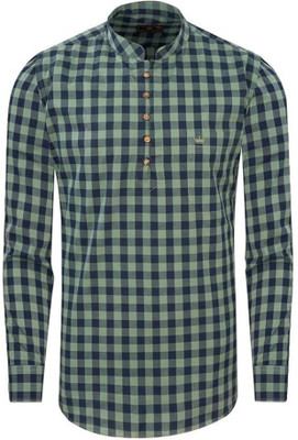 french crown Men Checkered Straight Kurta(Dark Blue, Light Green)