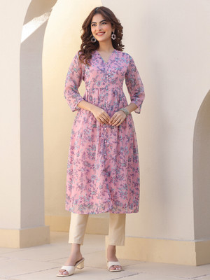 Janasya Women Floral Print Flared Kurta(Pink)