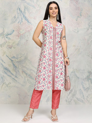 Vishudh Women Embroidered Straight Kurta(Beige)