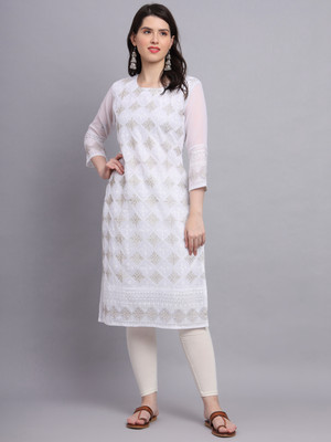 Sofisty Women Chikan Embroidery Straight Kurta(White)