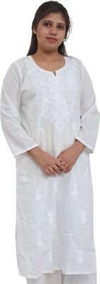 SDE Women Chikan Embroidery A-line Kurta(White)