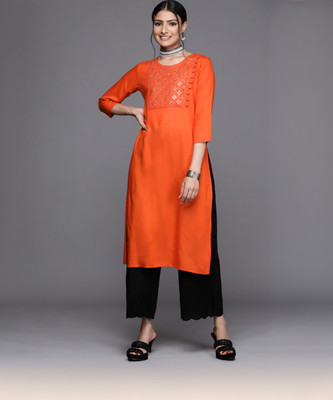 LIBAS Women Solid Straight Kurta(Orange)