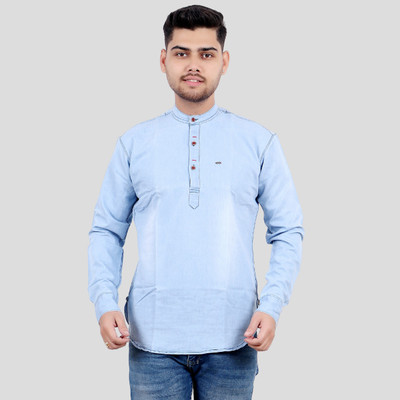 M'COT Men Washed Straight Kurta(Light Blue)