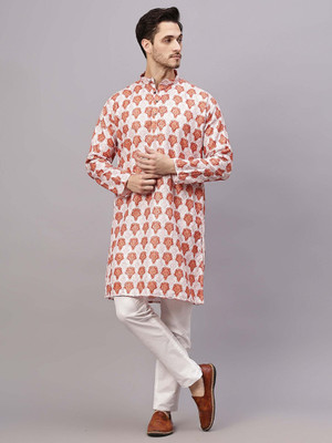 FireFish Men Self Design A-line Kurta(Orange)