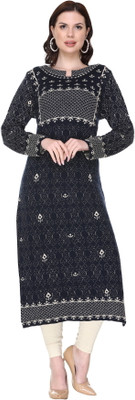 Elthia Women Embroidered A-line Kurta(Dark Blue)