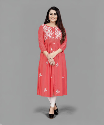 krazzykudy Women Embroidered Flared Kurta(Orange)