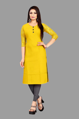 HOFC Women Solid Straight Kurta(Yellow)