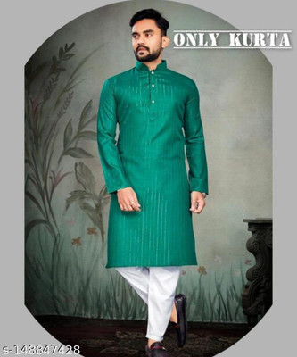 zankhi hosiery Men Self Design Straight Kurta(Green, White)