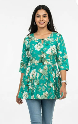 New RJP Craft Women Floral Print Flared Kurta(Light Green)