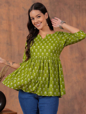 anjushree Women Printed Flared Kurta(Green)
