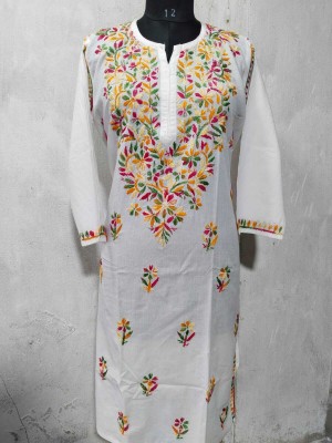 Adab chikan handicraft Women Chikan Embroidery A-line Kurta(White, Multicolor)