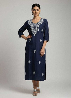 Shasrih Women Embroidered A-line Kurta(Dark Blue)