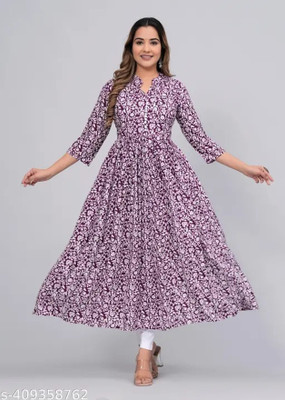 nikku texttiles Women Printed A-line Kurta(Purple)