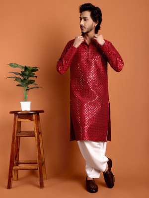 TIBRA Men Embroidered Straight Kurta(Red)