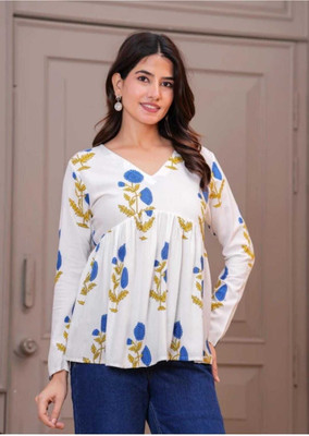 Lovely Prints Women Floral Print, Printed Flared Kurta(White)