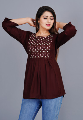 Sanganer Export Women Embroidered Flared Kurta(Brown)