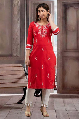 vikshi Women Embroidered Straight Kurta(Red)