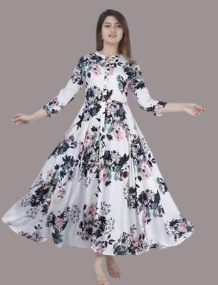 AnviTextile Women Printed Anarkali Kurta(White)