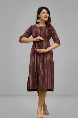 Sai veera Fashion Women Striped Straight Kurta(Brown)