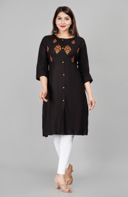 NABABO Women Embroidered Frontslit Kurta(Black)