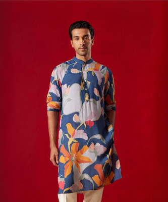 VASTRAMAY Men Printed, Floral Print Straight Kurta(Blue)