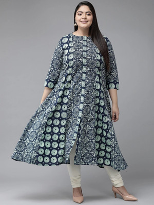 Yash Gallery Women Geometric Print A-line Kurta(Blue)