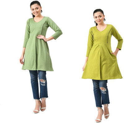 KAYU Women Solid A-line Kurta(Green, Light Green)
