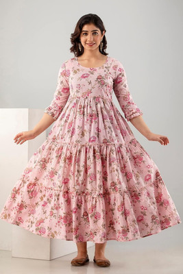 Silakiva Women Floral Print Anarkali Kurta(Pink)