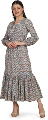 Seven Buttons Women Printed Anarkali Kurta(Green, Brown)